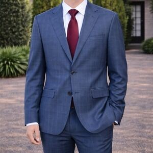 Men's Blue Plaid Hand Tailored Suit Two Piece Jacket Pants Formal Business 42L